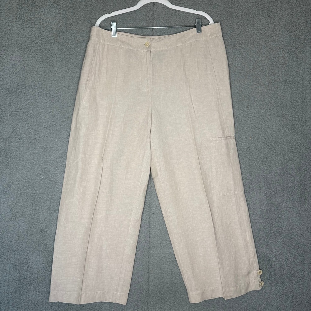 Eileen Fisher Womens Linen Wide Leg Crop Pants Beige Size L Button Hem Cargo